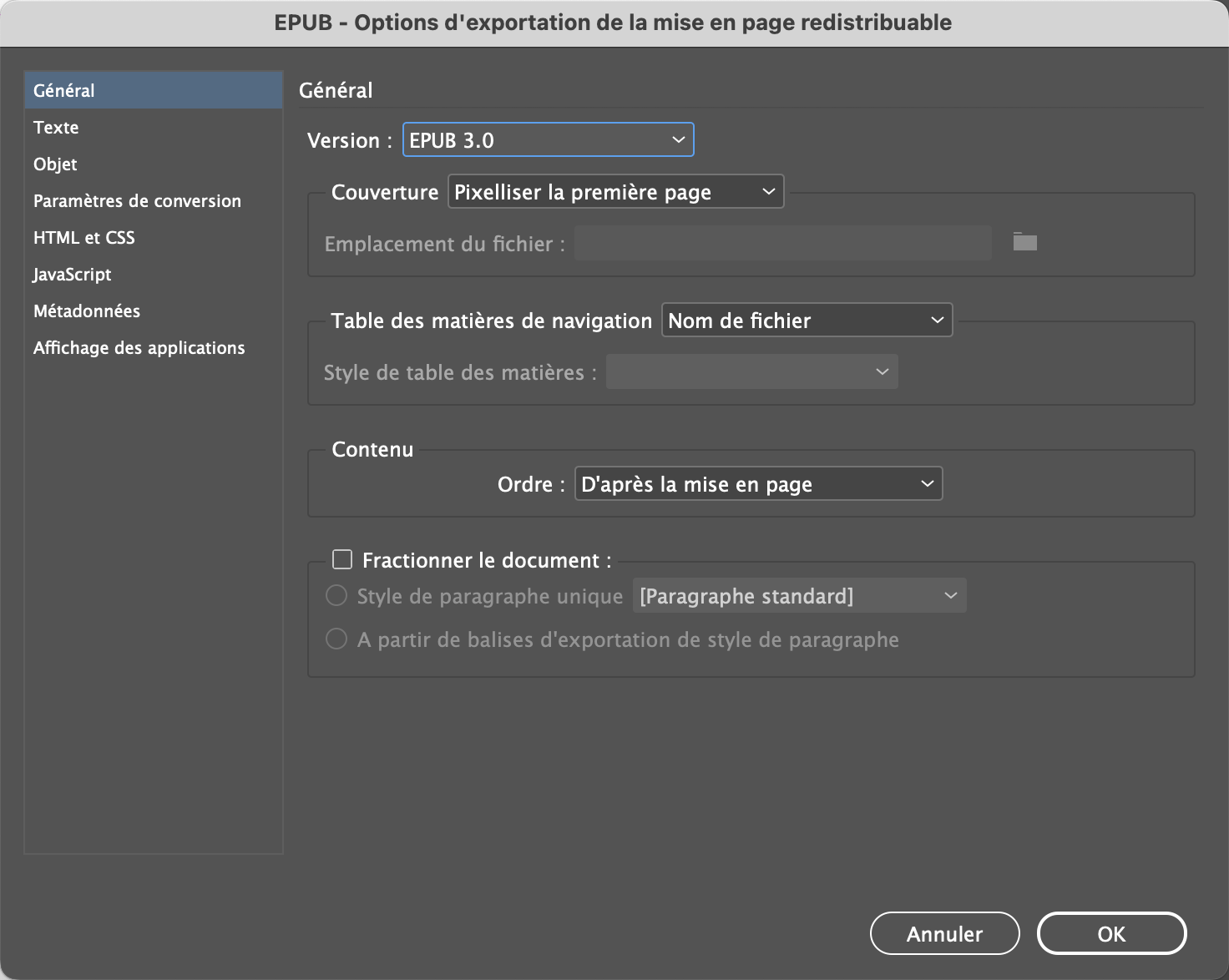 la fenêtre d'export epub